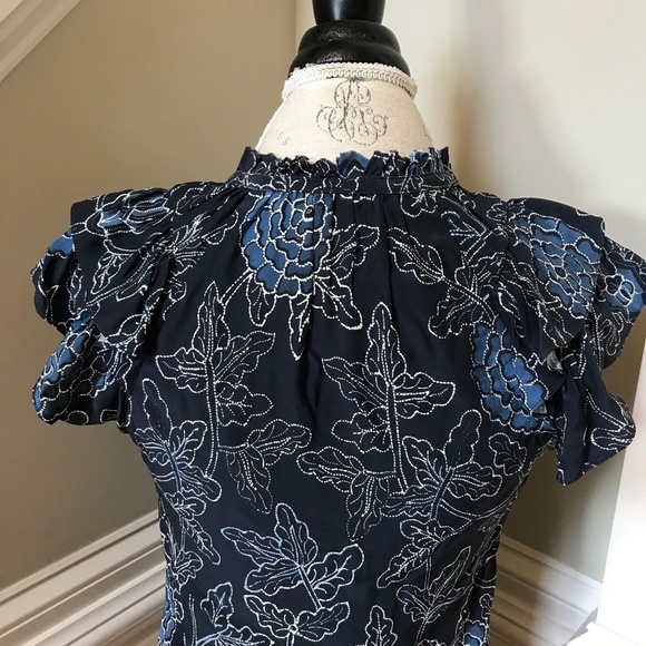 Charlotte Brody Top Shirt Womens XS Black Blue Flutter Sleeve Floral Print Silk - Picture 11 of 12